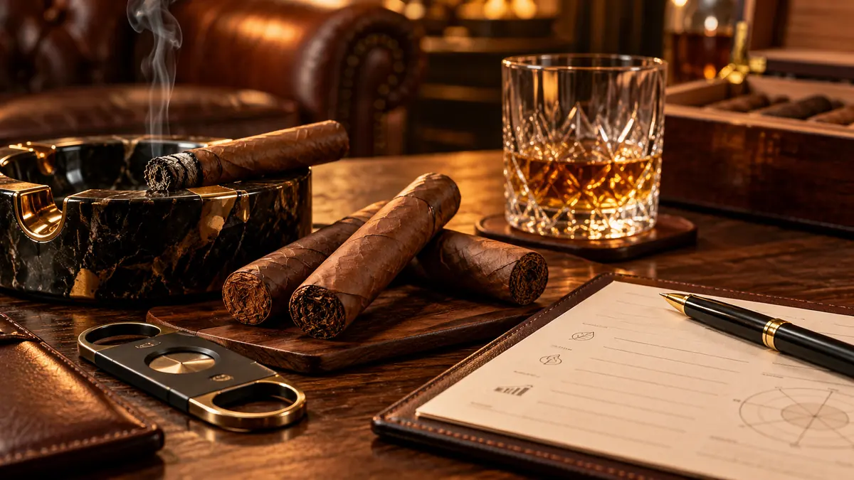 Table de dégustation du CRCC avec cigares, coupe-cigare, cendrier, verre et fiche d'observation